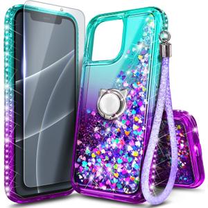 NGB Designed for iPhone 11 Case, Aqua/Purple | Glitter Liquid Sparkle Cute Cover for Women Girls Kids | with Tempered Glass Screen Protector & Ring Holder & Wrist Strap