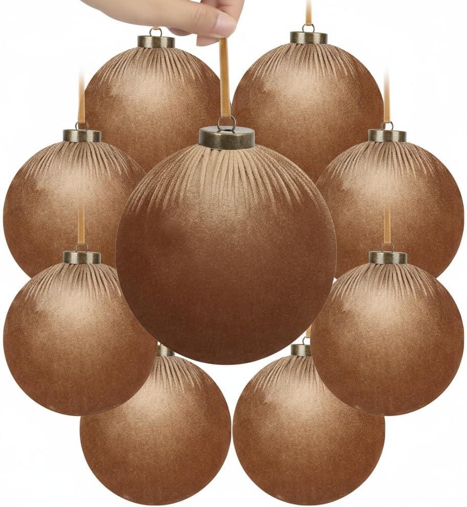 9 PCS Velvet Christmas Balls Ornaments 4inch& 6inch Christmas Large Ball Set for Xmas Tree Decor, Holiday Home Party (Browm, 6inch)