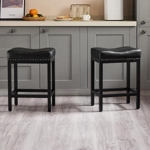 Sweetcrispy Bar Stools Set of 2, 24 Inch Counter Height Stools, PU Leather Upholstered Bar Chairs with Footrest, Modern Bar Stools for Kitchen Island, Dining, Living Room, Modern Black