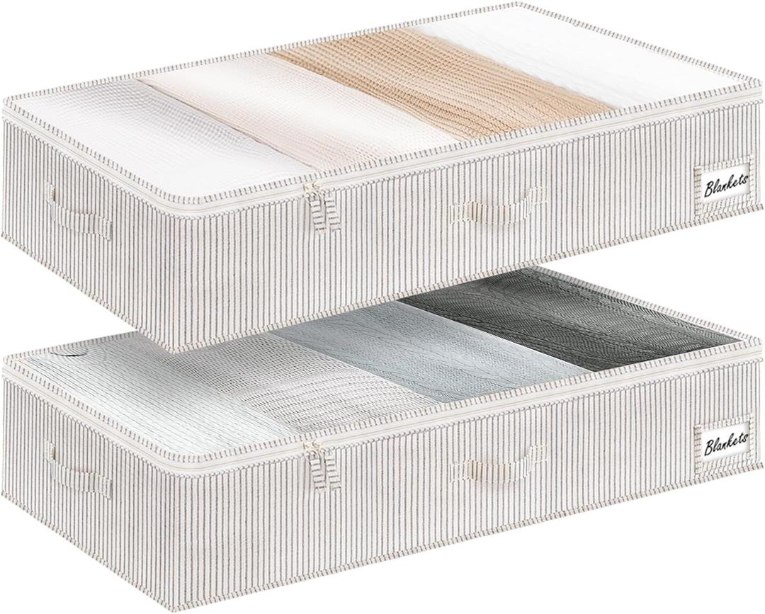 StorageWorks Large Under Bed Storage Containers with Handles and Label Holder, 2 Pack Ultra-thick Fabric Underbed Bins, Closet Organizer for Clothes, Blankets, Sweater (Gray and White Stripes)