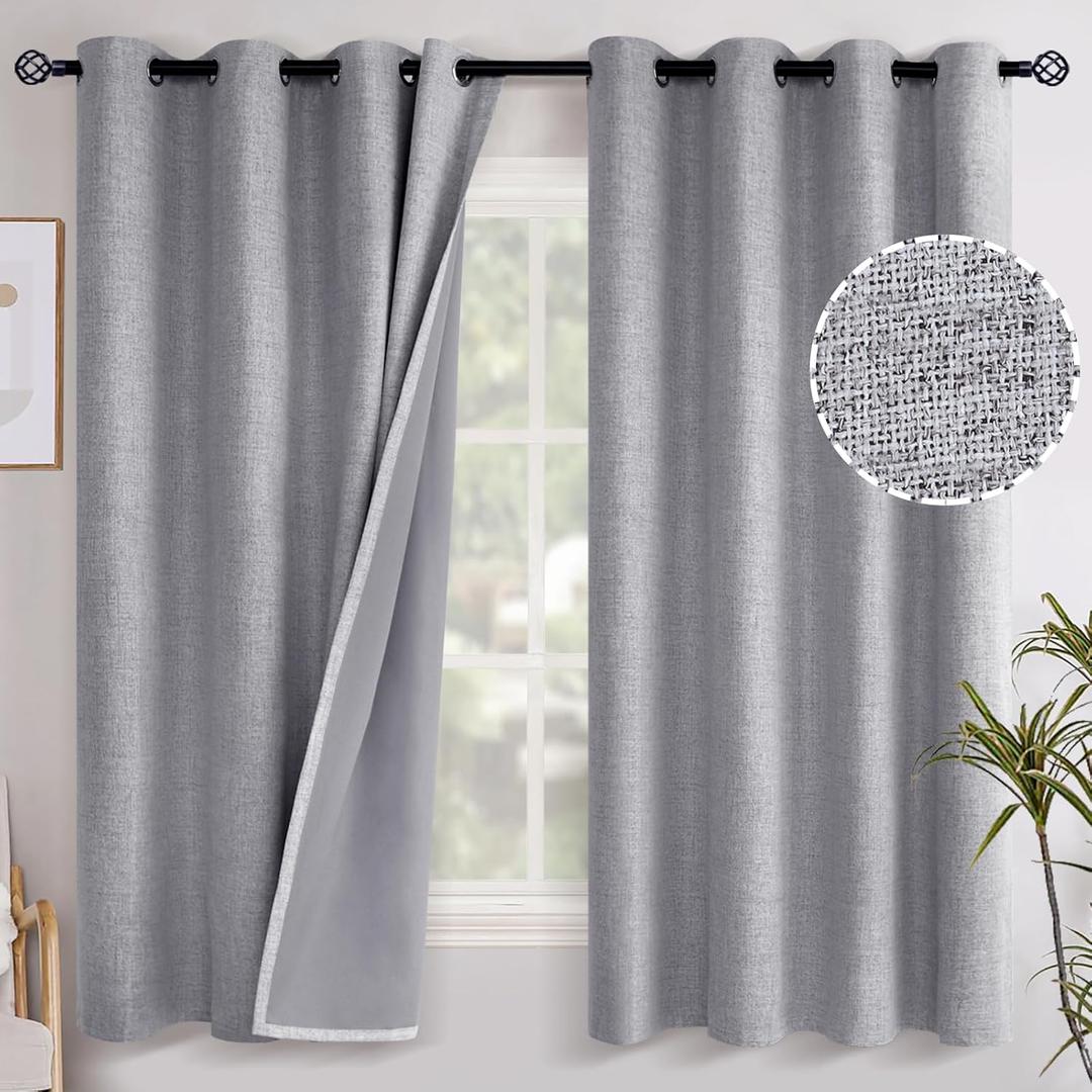 YoungsTex Grey Linen Blackout Curtains 63 Inches Long for Bedroom, Thermal Insulated Black Out Drapes with Grommet Room Darkening Privacy for Living Room, 2 Panels, 52 X 63 Inch
