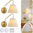 Gold Wireless Wall Sconces Set of Two, Swing Arm Battery Wall Sconce, Battery Operated Wall Sconce with Remote, Battery Sconces with Linen Lampshade, Rechargeable Wall Lights for Living Room