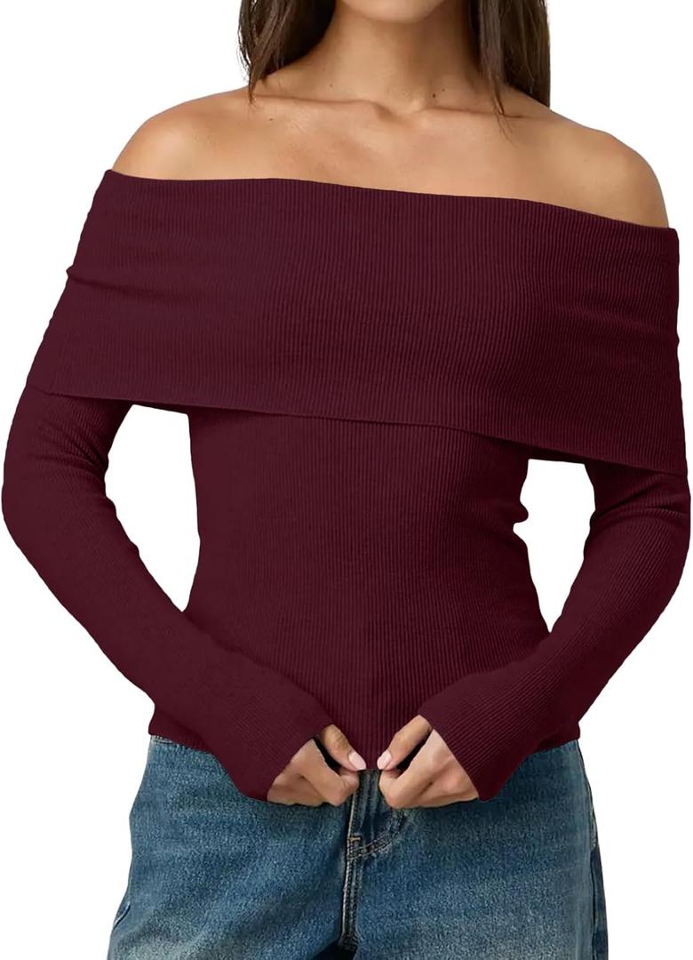 LILLUSORY Womens Off The Shoulder Sweater Fall Long Sleeve Going Out Y2k Tops Winter Date Night Outfits (Large, Red)