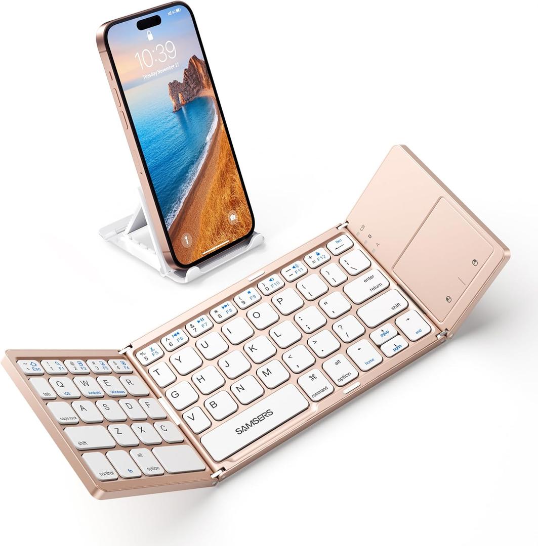 Samsers Foldable Bluetooth Keyboard with Touchpad - Portable Wireless Keyboard with Holder, Rechargeable Full Size Ultra Slim Pocket Folding Keyboards for Android Windows iOS Tablet & Laptop - Pink (BT x1, Rose Gold)