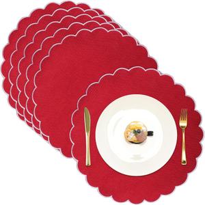 Set of 6 Round Placemats 15 Inch Cotton Scalloped Embroidery Placemat Washable Double Layered Rustic Dinner Table Mat Decor Fabric for Hotel Restaurant Kitchen(Red/White,Classic)