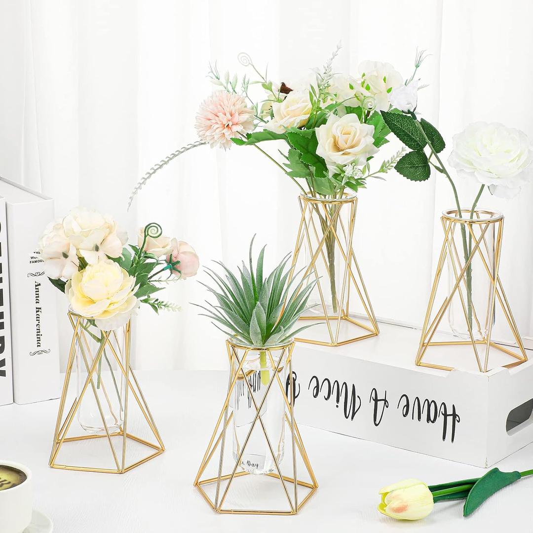 Unittype 4 Pcs Gold Geometric Vase for Centerpieces Metal Flower Stand with Glass Cylinder Hydroponic Plant Flower Modern Vase for Home Floor Office Wedding Bridal Shower Party Favor Unittype 4 Pcs Gold Geometric Vase for Centerpieces Metal Flower Stand with Glass Cylinder Hydroponic Plant Flower Modern Vase for Home Floor Office Wedding Bridal Shower Party Favor