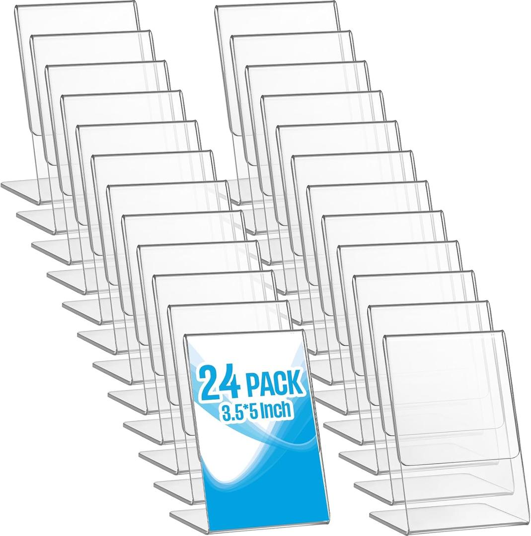 Thyle 24 Pieces Acrylic Sign Holder L Shape Clear Sign Stand 3.5 x 5 Inch Plastic Picture Frames Holder Slant Back Countertop Display Suitable for Home Restaurant Wedding Office Table Photos Menu