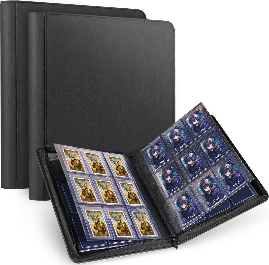 Lzerking 2 Pack Top Loader Binder 576 Capacity with 9-Pocket Pages, PU Leather Card Binder Storage for 3 x 4'' Top loaders Trading Cards, Sports Cards, Game Cards (black)