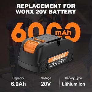 Amityke 1-Pack 20V 6.0Ah Replacement for Worx Battery 20V, Compatible with Worx Battery 20 Volt WA3512 WA3520 WA3522 WA3525 WA3575 Cordless Power Tools