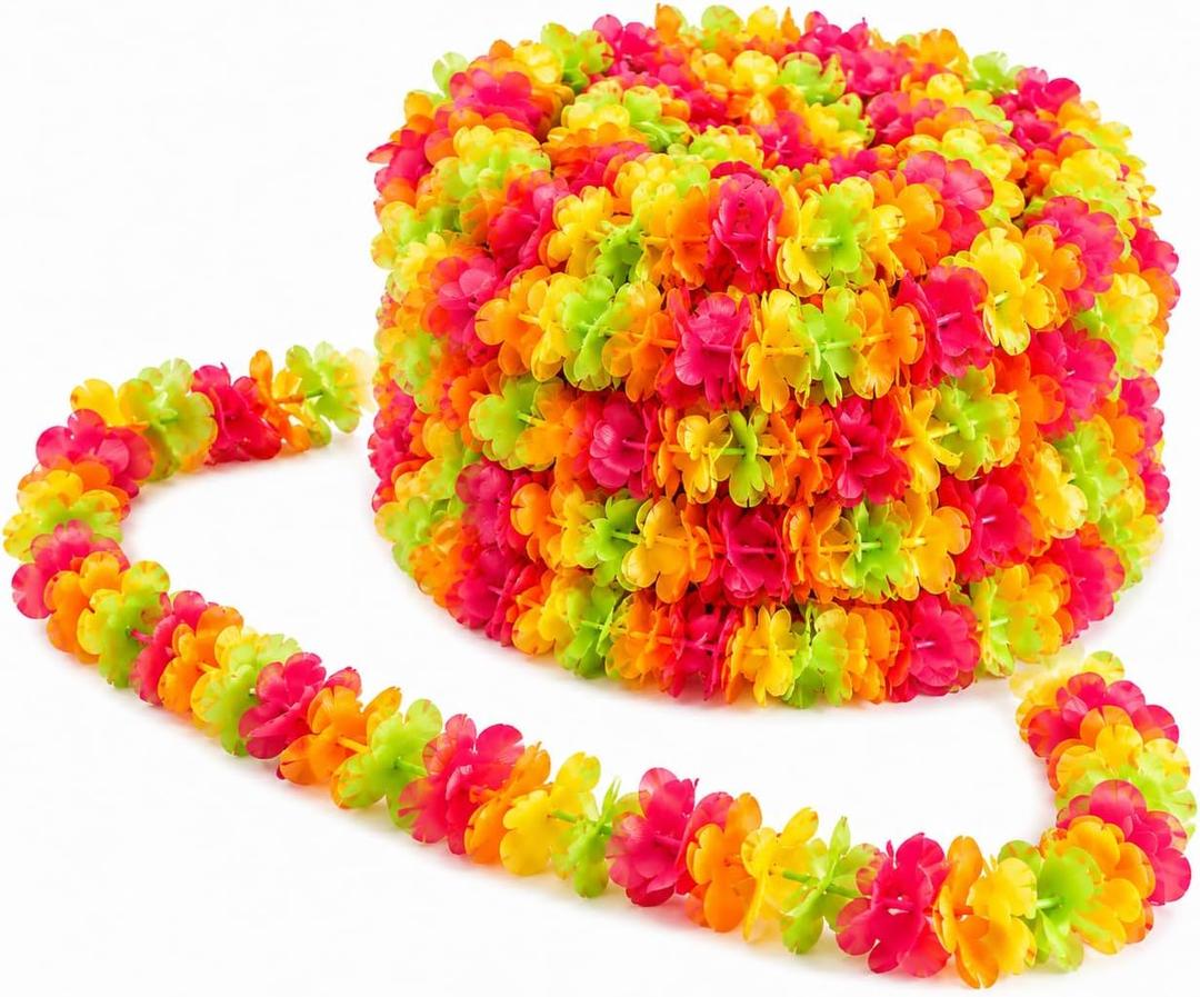 Fun Express Plastic Lei Flower Garland 100ft for Party Decorations - Hawaiian Luau Tropical Beach Pool Birthday Summer Decor | Colorful Hanging Floral Garlands for Indoor Outdoor Tiki Aloha Themed