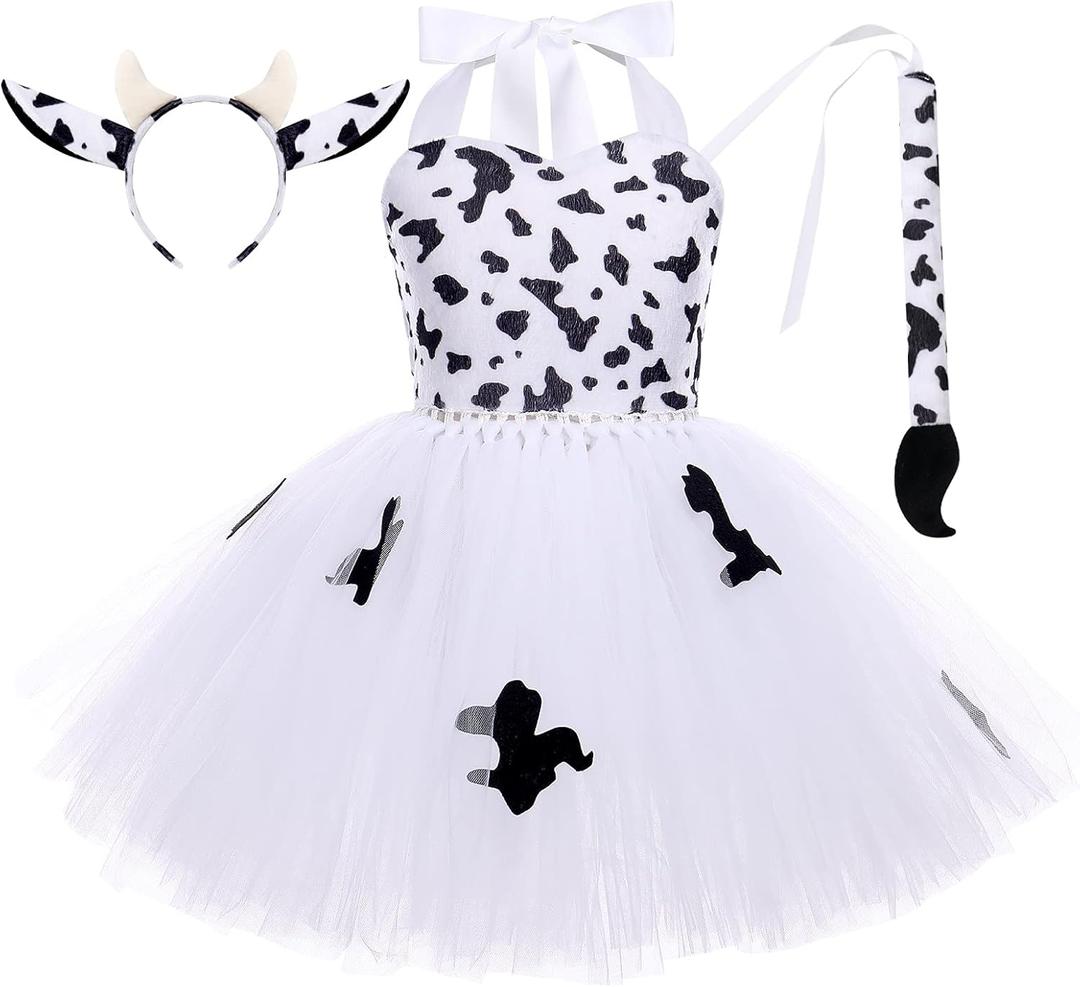 Girls Cow Cosplay Tutu Dress Set 3pcs with Cow Ears Headband Cow tail Animal Fancy Costume Kit Halloween Cosplay Birthday Party Outfits Baby Girl Jungle Themed Cosplay dress white Cow 1- 2 Years