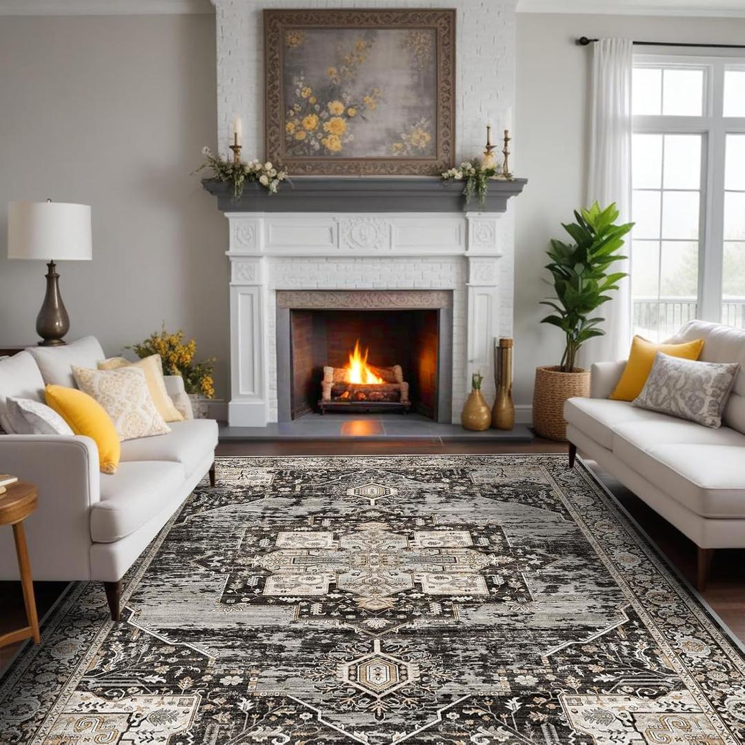 RUUGME Washable 8x10 Area Rugs - Large Rugs for Living Room Stain Resistant Carpet Vintage Rugs for Bedroom with Non Slip Backing Home Decor Floor Decoration Mat (8x10 Black) (8' x 10' (Rectangular), Black)
