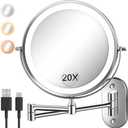 Wall Mounted Makeup Mirror with Light, 20X/1X 8'' Double Sided LED Magnifying Bathroom Lighted Vanity Mirror with Magnification, 3 Color Light up Touch Dimmable Extended Arm 360 Rotation (Chrome)