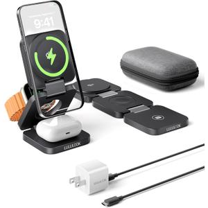 Qi2 Certified 3 in 1 Travel Charger MagSafe Compatible, Upgraded Foldable Wireless Charger Stand, Mag-Safe 3 in 1 Charging Station,15W Fast Charging for iPhone 17/16/15/14/13/12, Apple Watch, AirPods (Black)