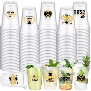 120 Pieces 16 Ounce Graduation Cups Disposable Class of 2025 Cup Clear Print Drink for Hot Cold Drinks Party Supplies, Black and Gold
