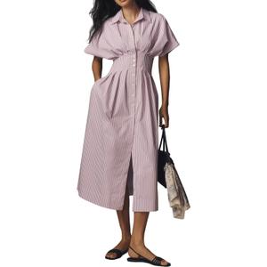 Womens Button Front Pleated Shirt Maxi Dress Short Sleeve Collar Striped Summer Casual Long Swing Blouse Dress (Medium, Purple)