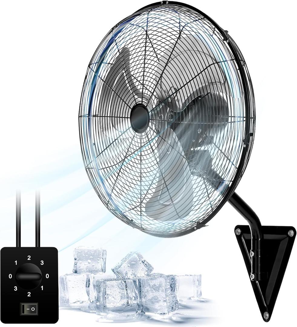 20 Wall Mount Fan 7000 CFM High Velocity Wall Industrial Fan 120 Oscillating Fans 3-Speed for Household, Commercial Use - ETL Listed, Black