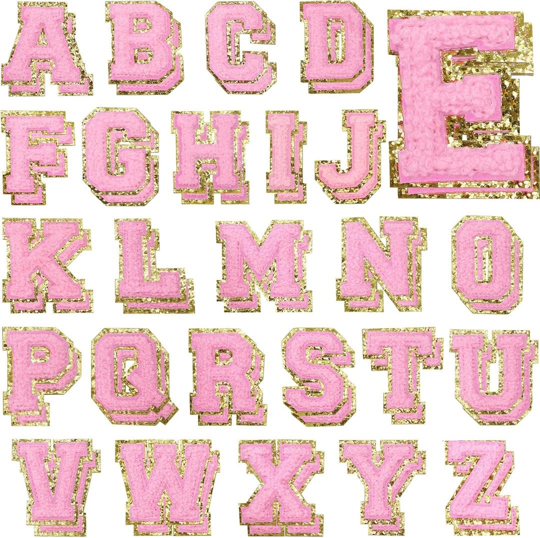 52 PCS Chenille Letters Patches, Self Adhesive Patches 2.2 Inches Light Pink Varsity Letter Stickers for Hats, Bags, Makeup Bags, Backpacks