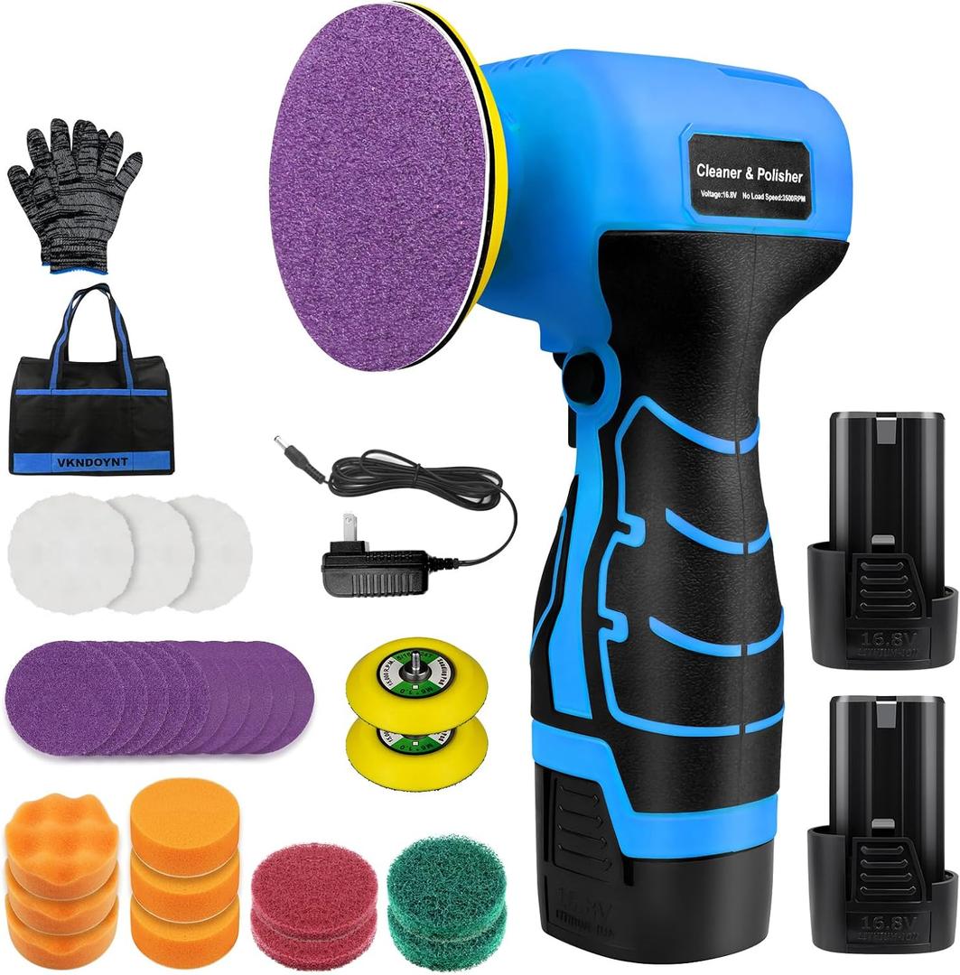 Cordless Sander, 3" Palm Sander with 2Pcs 16.8V 2.0Ah Batteries, 3500RPM Mini Polisher, 30 Accessories Sanders Tool for Sanding/Polishing/Waxing/Cleaning