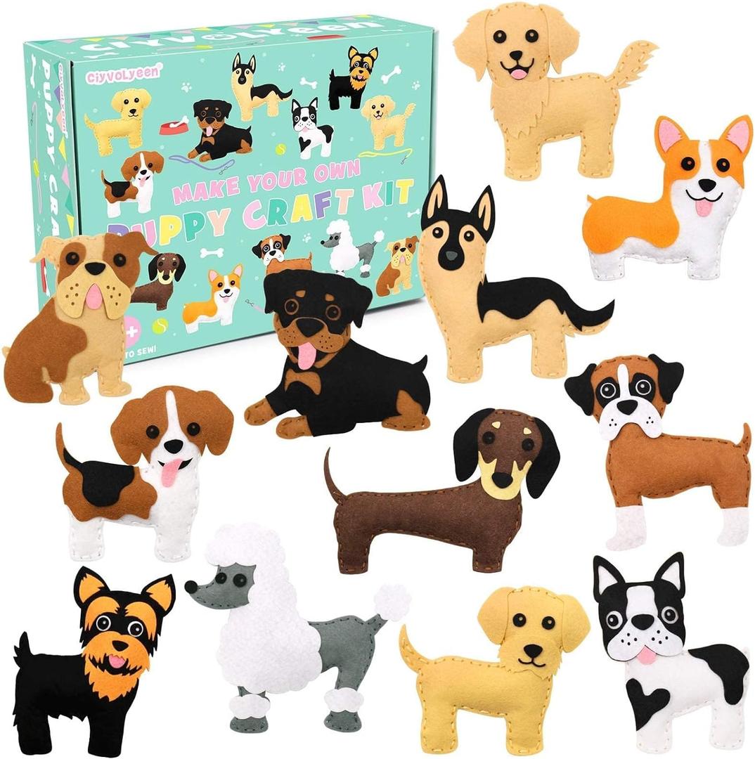 CiyvoLyeen Puppy Sewing Kit for Kids Fun Plush Toy Sewing for Girls & Boys DIY Felt Craft Gift Set Ages 7 8 9 10 11 12, Dog-12pPcs