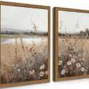 Framed Vintage Wildflower Wall Art Set of 2, Retro Country Floral Canvas Wall Decor Paintings, Farmhouse Field Landscape Posters Prints for Bedroom Bathroom Living Room Home Decor 16x24In Wood Frame