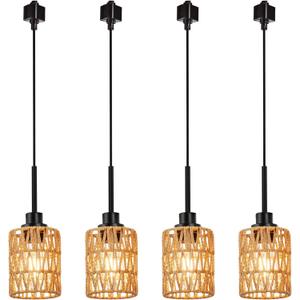 MELUCEE 4 Packs H-Type Track Hanging Light Black Ceiling Track Lighting Fixtures Rattan Pendant Light for Kitchen Island Dining Room Restaurant, Compatible with H Type Track Lighting Rail, E26 Socket