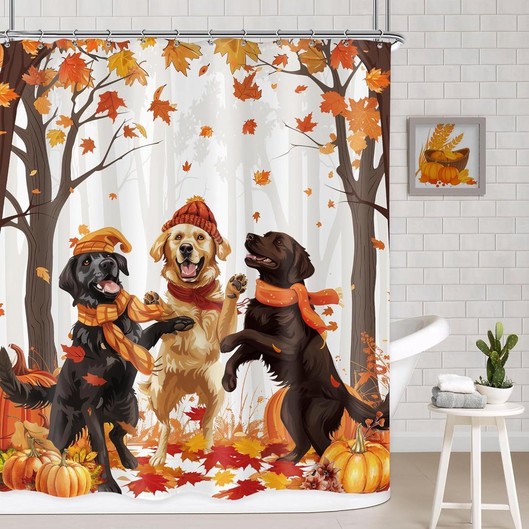 AMBZEK Fall Dog Shower Curtain 60Wx72L Inch Autumn Maple Trees Leaves Pumpkin Cartoon Lovely Puppy Funny Pets Lovers Artwork Cloth Fabric Waterproof Polyester Bathroom Decor Set with 12 Pack Hooks