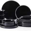 Famiware Nebula Plates and Bowls Sets for 4, 12 Pieces Stoneware Dinnerware Set, Microwave and Dishwasher Safe Dishes Set, Black with White Rim