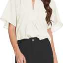 2 x LOZ Womens Dressy Casual Summer Tops Ruffle Short Sleeve Shirts Pleated Crew Neck Workout Blouses 2025 (Small, Off-white)