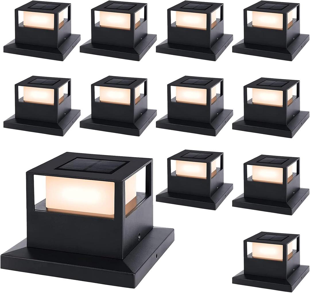 Viewsun 12 Pack Solar Post Cap Lights, Outdoor Garden Solar Powered Fence Post Cap Lights with SMD LEDs Waterproof Light Decorative for Fence Deck or Patio Decor, Fits 4x4, 5x5 or 6x6 Wooden Posts (Black)