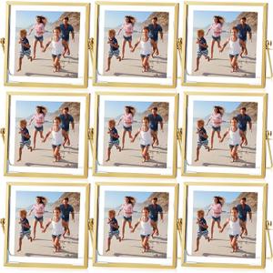 Treela 9 Pieces 4 x 4 Inch Picture Floating Frames Metal Glass Photo Vintage Brass Frames Vertical Geometric Desk Decorations(Gold)