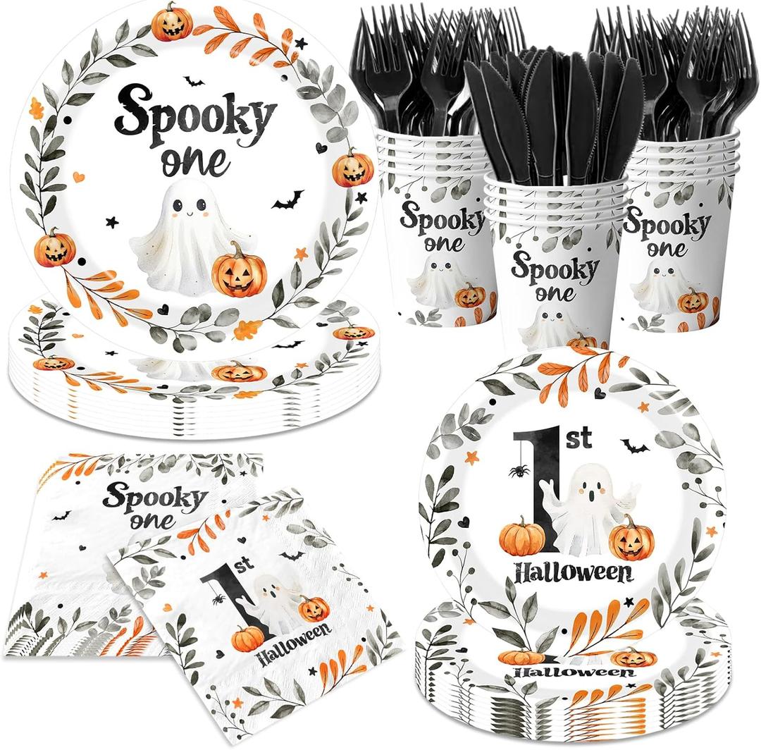 Spooky One Birthday Decorations for Boy,Halloween 1st Birthday Party Tableware Decorations Black Halloween Cartoon Ghost Pumpkin Leaves Wreath Disposable Plates Napkins Cups Forks and Knifes,Serve 24