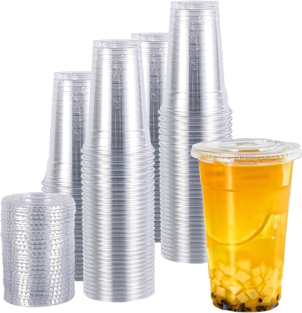 TashiBox plastic cups with lids [24 oz 100cups&100flat lids],Clear Crystal disposable plastic cups,smoothie cups