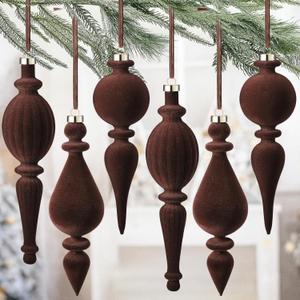 Jetec 6 Pcs Brown Velvet Christmas Finial Ornament Flocked Xmas Tree Hanging Decoration Plastic Velvet Christmas Ornaments with 3 Styles for Xmas Tree Holiday Home Party Decoration