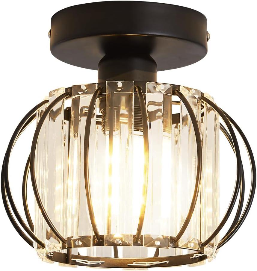 YYJLX Semi Flush Mount Ceiling Light Fixture Antique Small Crystal Chandelier Indoor Lighting for Bathroom Hallway Cafe Bar Porch HallBlack