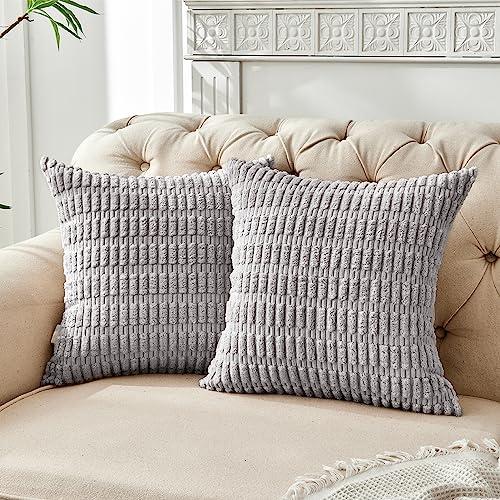 FY FIBER HOUSE Pack of 2 Striped Corduroy Throw Pillow Cover Decorative Couch Pillow Covers for Bed Sofa Living Room 20"×20" Grey