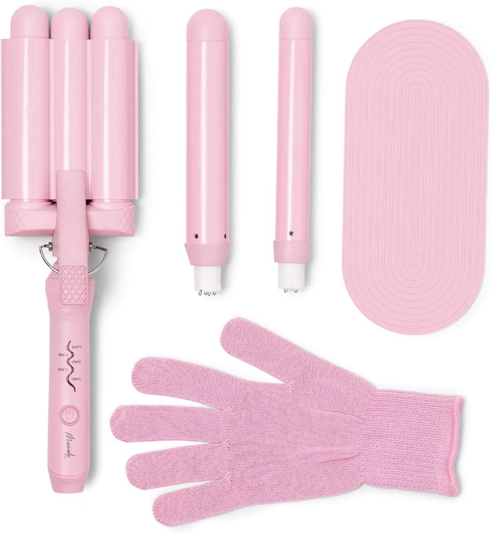 Mermade Hair 3 in 1 Style Wand - Hair Waver 3 Barrel, Curling Iron 1 1/4 Inch, 1 Inch Curling Iron, Ceramic Barrel Waver & Curler w/Heat Glove, Mat, & Interchangeable Handle - Pink