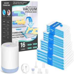 Vacuum Bags for Travel with Portable Electric Pump, 16 Pack Vacuum Seal Bags for Luggage and Suitcase Compression, Space Saver Vacuum Storage Bags for Clothes and Clothing Travel