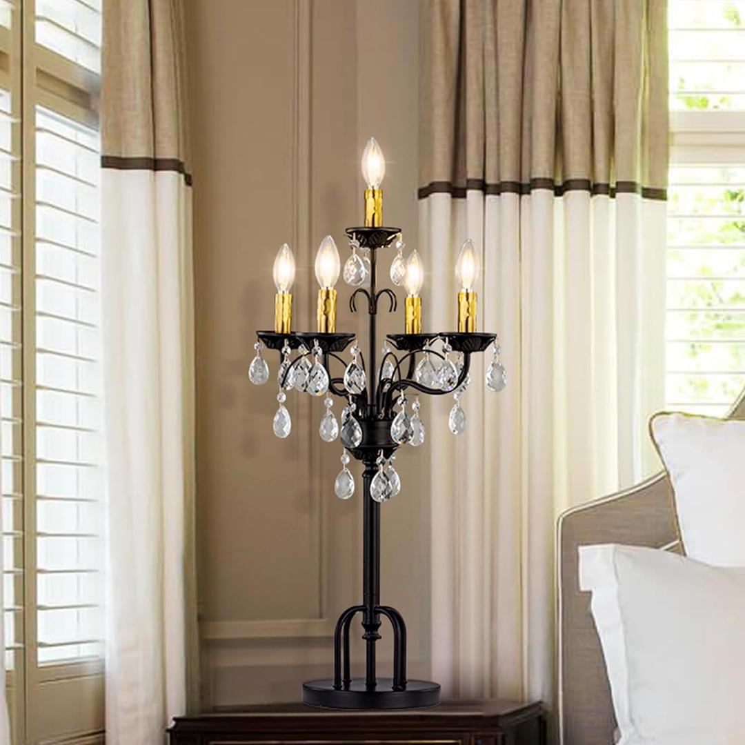 TOCHIC Black Gold Crystal Table Lamp, 5-Light Modern Bedside Lamp for Bedroom, 28" Tall Vintage Desk Lamp for Living Room, Home Office, Dining Room, Staircase, Entryway