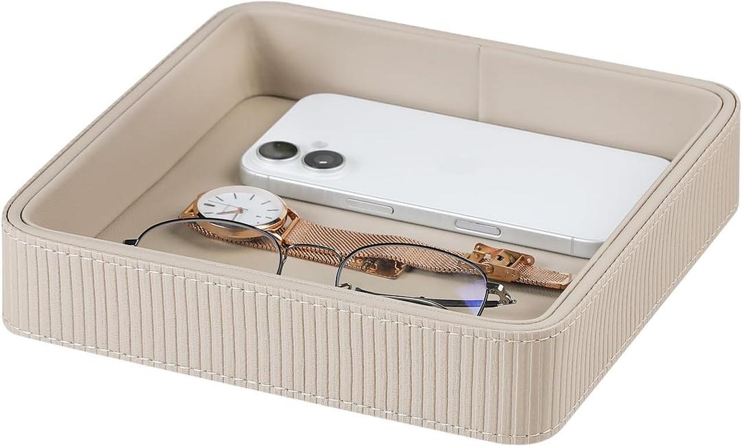 PU Leather Valet Tray Organizer, Small Nightstand Organizer Bedside Desktop Storage for Womens and Men, Perfume Trinket Catchall Vanity Tray for Key Watch Wallet (Beige, Square) (8" x 8" x 1.6")