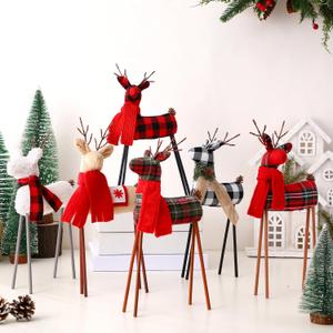 Leinuosen 6 Pcs Reindeer Christmas Decoration Standing Christmas Reindeer Decor Plush Swedish Elk Figurines Xmas Sculpture Deer for Home Indoor Office Holiday Decor