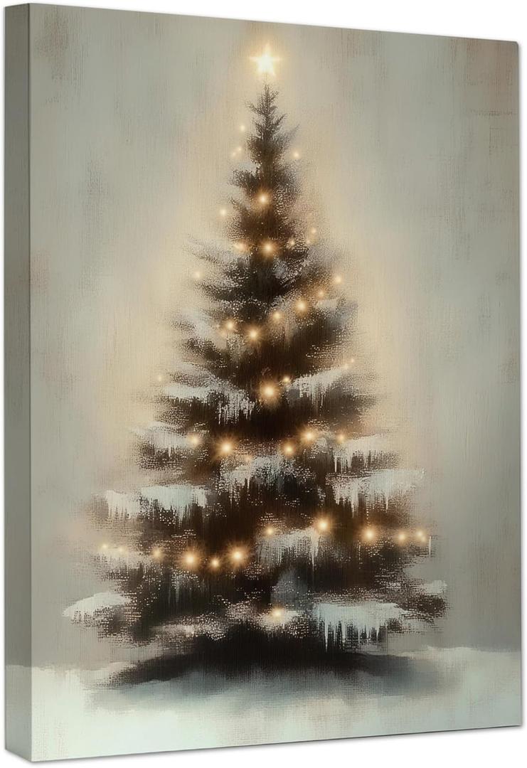 Poecinvi Christmas Tree Canvas Wall Art Prints, Christmas Home Room Decor, Winter Xmas Pine Tree Wall Art Posters for Home Bedroom Living Room Decor, 15x12 Framed