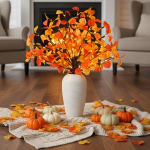 Aurelema 6 Pcs Fall Lighted Eucalyptus Leaves Branches with Timer 120 LEDs Light up Artificial Fall Stems for Vases Battery Operated Lit Autumn Decorations for Home Tabletop Thanksgiving Decor
