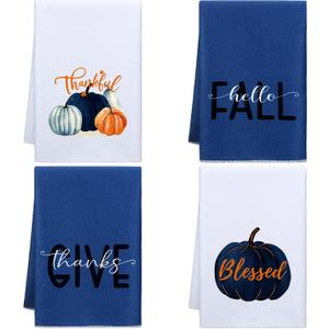 Peryiter 4 Pcs Blue Pumpkin Kitchen Towels Fall Thanksgiving Decorative Dish Hand Towels Set 16 x 24 Inch for Autumn Bathroom Kitchen Farmhouse Decor