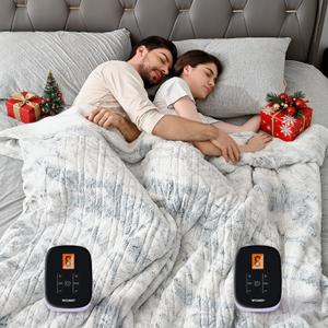 WOOMER Heated Blanket King Size Electric Blanket 90"x 100", Faux Fur Fast Heating, 10 Heating Levels & 0.5-12H Auto Off, Dual Control, Over-Heat Protection, ETL Certification (Marble Blue)