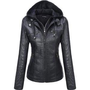 Tanming Womens Faux Leather Jacket Hooded Moto Biker Coat Outerwear Fall Fashion Outfits Winter Clothes (Medium, Black)