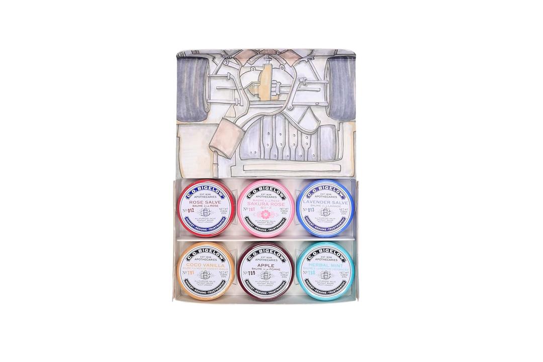 C.O. Bigelow Assorted Salve Tins, Pack of 6 Lip Balm Tins, Rose, Lavender, Sakura Rose, Coco Vanilla, Apple, Herbal Mint All Purpose Salve for Lips, Cuticles, Hands & Dry Skin, Lip Balm Set, 0.8 oz