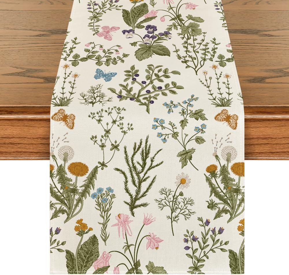 Artoid Mode Wildflowers Floral Spring Table Runner, Butterfly Seasonal Summer Kitchen Dining Table Decoration for Home Party Decor 13x90 Inch (Beige)