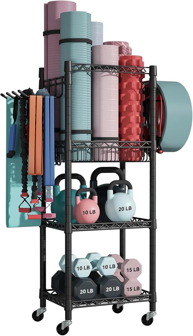 FUTASSI Home Gym Storage, 3 Tiers Workout Equipment Organizer with Wheels for Yoga Mats, Foam Roller, Dumbbells, Kettlebells, and Resistance Bands (Single-Row, Black)