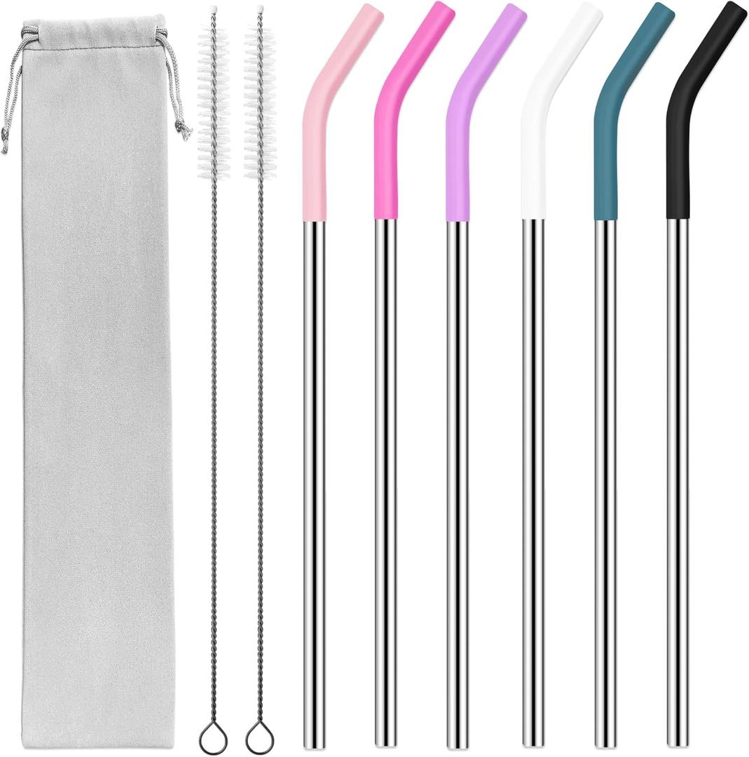 40 oz Stainless Metal Straws for 40 oz Stanley Tumbler, 6Pcs Reusable Straight Long Steel Straws with 12 Silicone Tips and 2 Straw Cleaning Brushes(6Color2, 40oz)